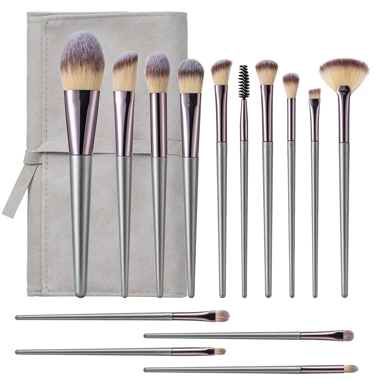 Makeup Brushes, 14 Pcs Professional Makeup Brush Set, Eye and Face Foundation Brush Set, Eyeshadow Brushes, Cosmetic Brushes, with PU Bag, Grayish