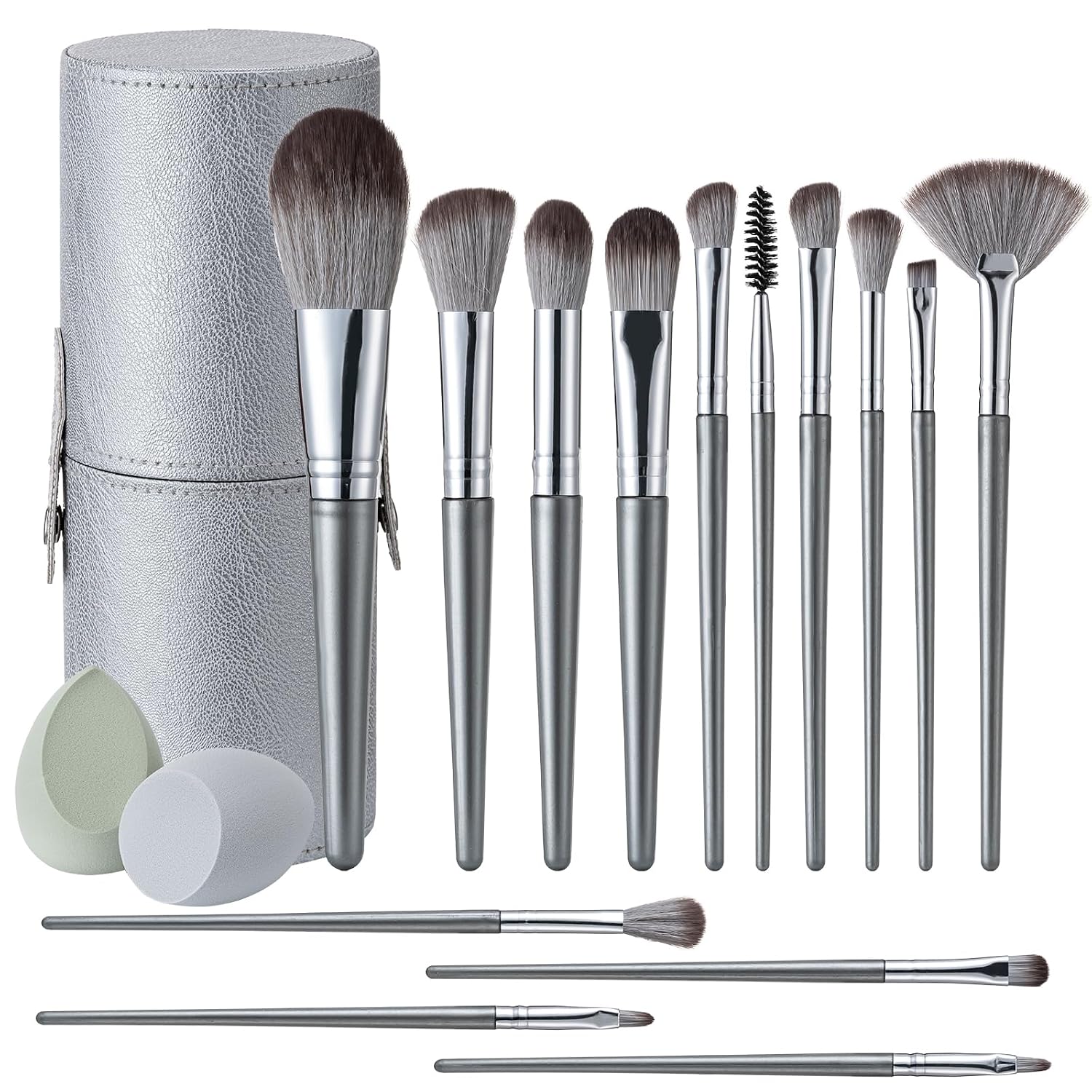 Makeup Brushes, 14 Pcs Professional Makeup Brush Set, Eye and Face Foundation Brush Set, Eyeshadow Brushes, Cosmetic Brushes, with PU Bag, Grayish