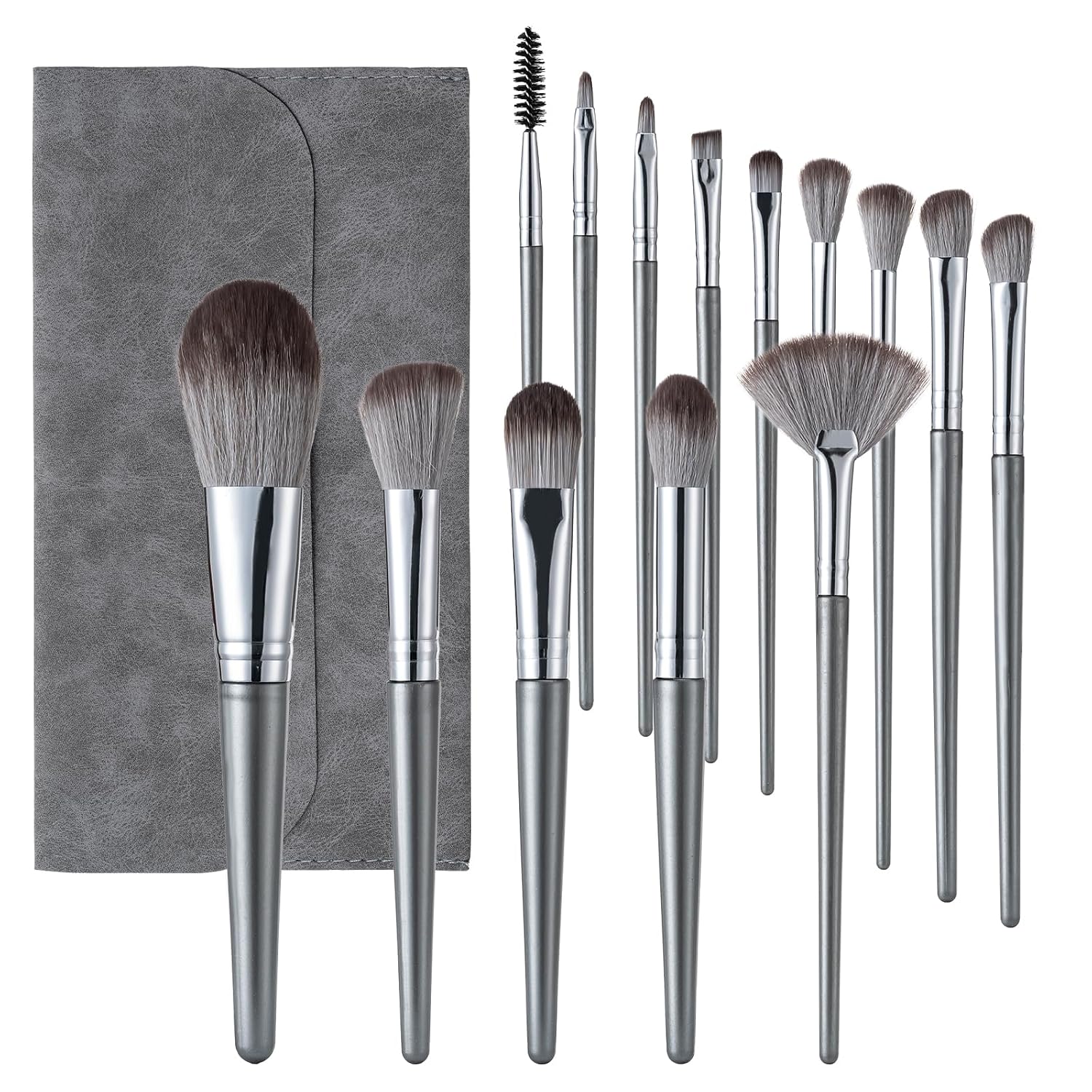 Makeup Brushes, 14 Pcs Professional Makeup Brush Set, Eye and Face Foundation Brush Set, Eyeshadow Brushes, Cosmetic Brushes, with PU Bag, Grayish